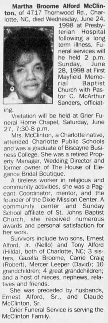 Obituary for Martha Broome Alford McClin-ton - 