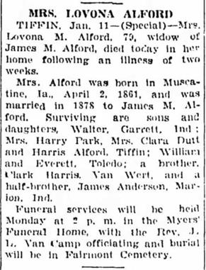 Lovona Harris Alford Obituary Sandusky OH Register 12 Jan 1941 p12
