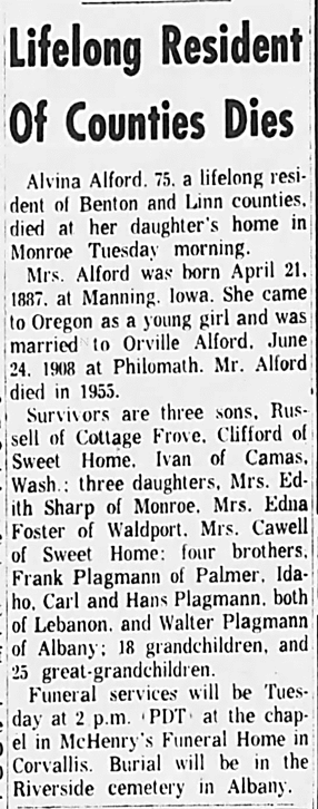 Alvina Plagmann Alford
Albany Democrat-Herald (Albany, Oregon; 16 Jun 1962 - 